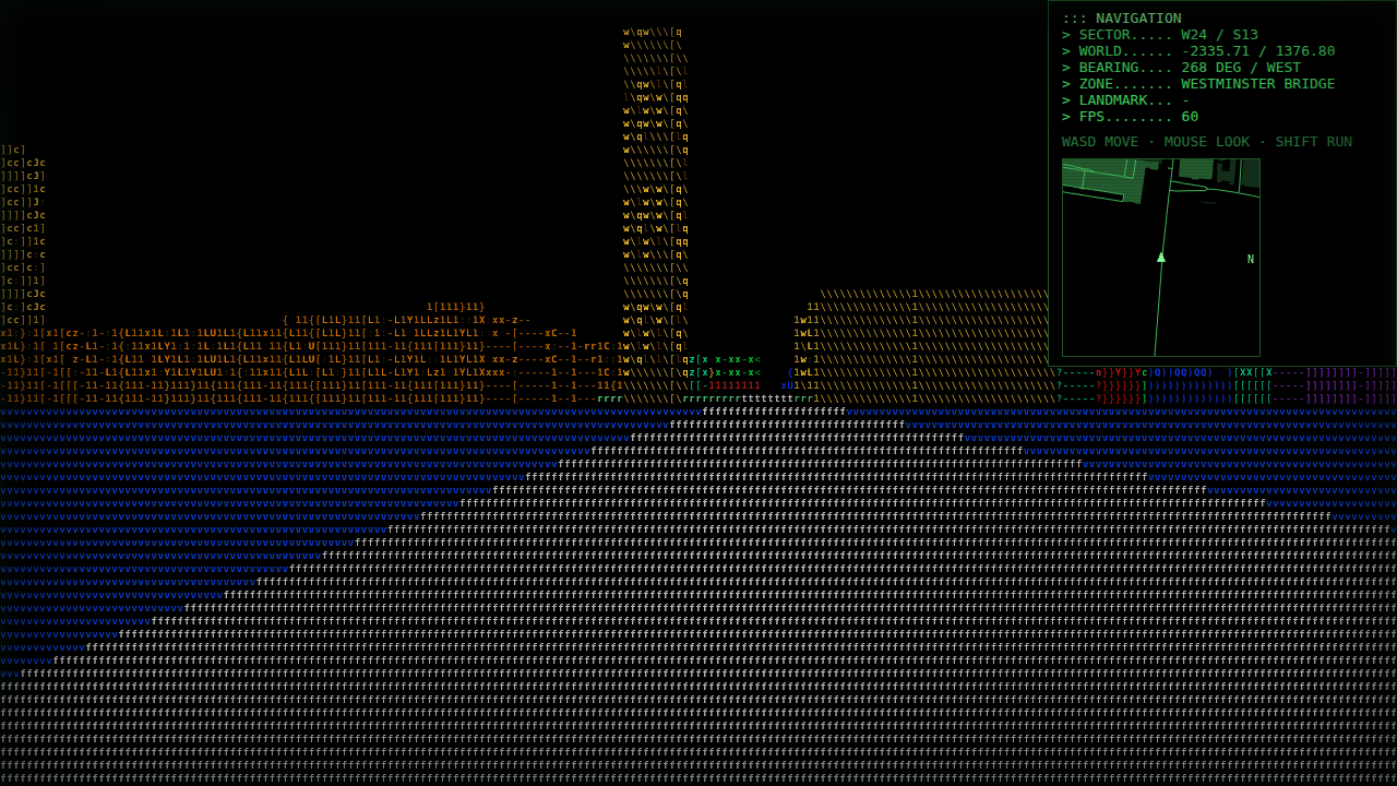 First-person city streets rendered in coloured ASCII